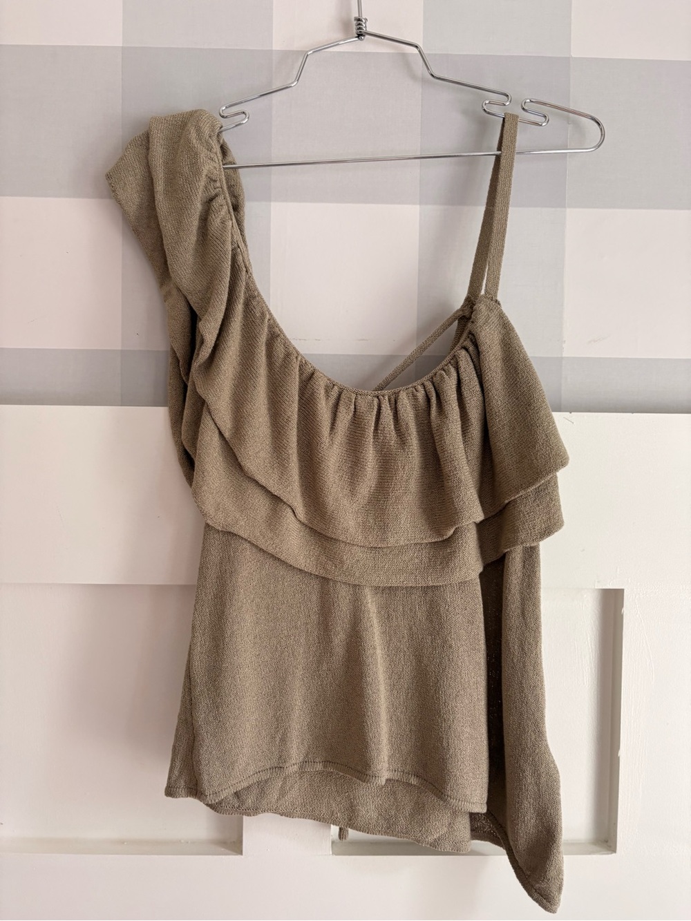 Zara Olive One-Shoulder Ruffle Top Large - Picture 4 of 7
